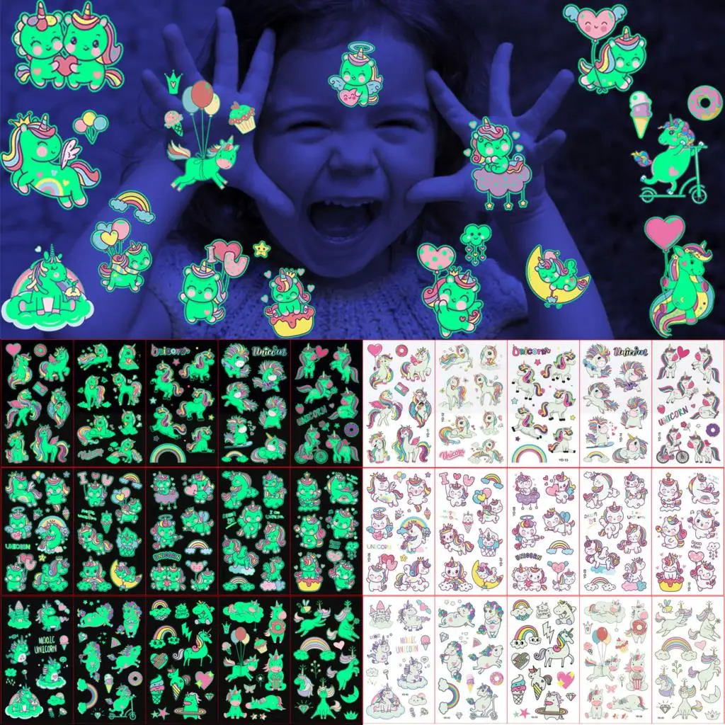 

5 шт., светящиеся в темноте Временные татуировки единорога для девочек-подростков, светящаяся звезда, Луна, искусственная тату-наклейка, детское лицо, радужные татуировки, сделай сам