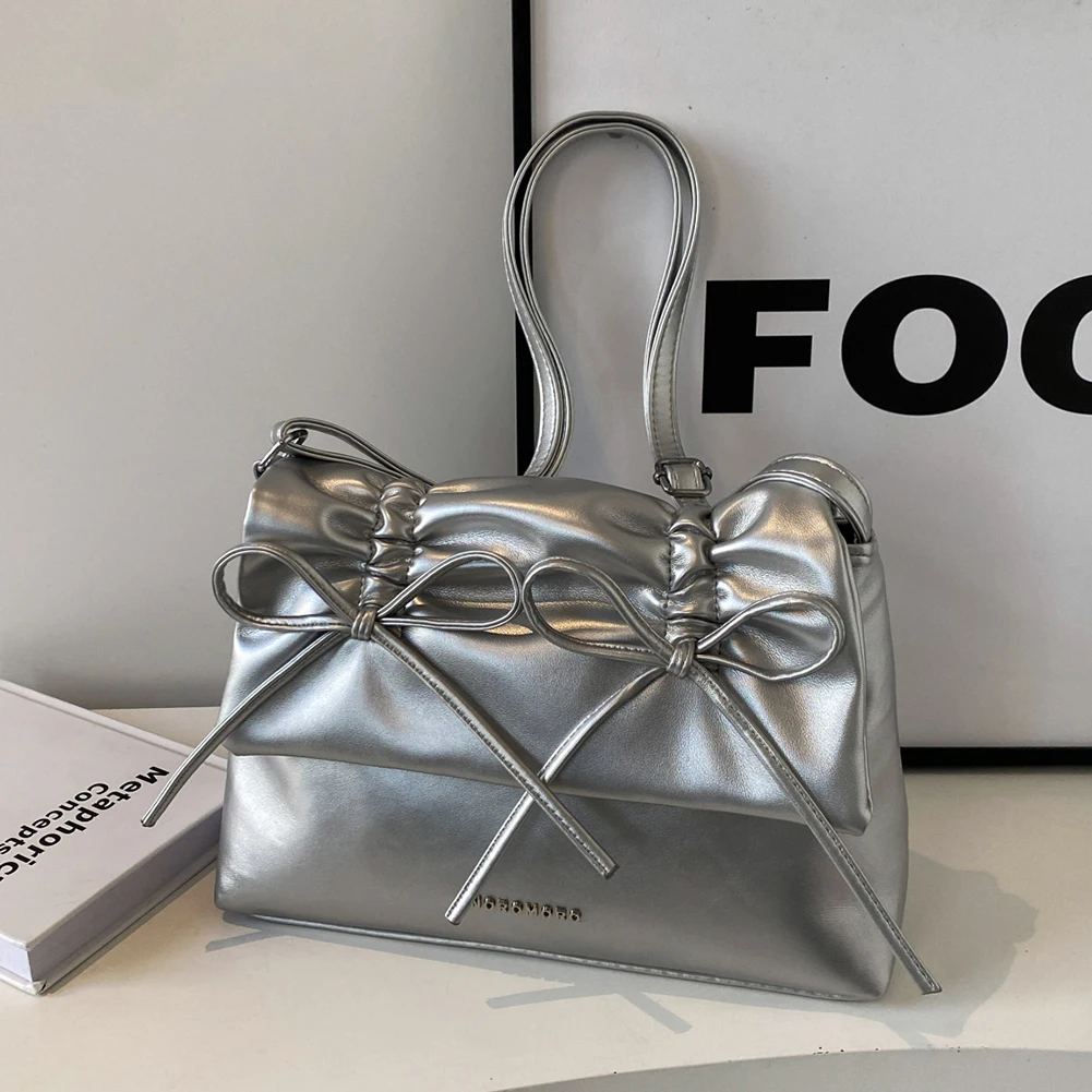 Women Bowknot Pu Shoulder Bag Casual Handbag With Flap Cover Large Capacity Bag Fashion for Daily Office Use Solid Color Handbag