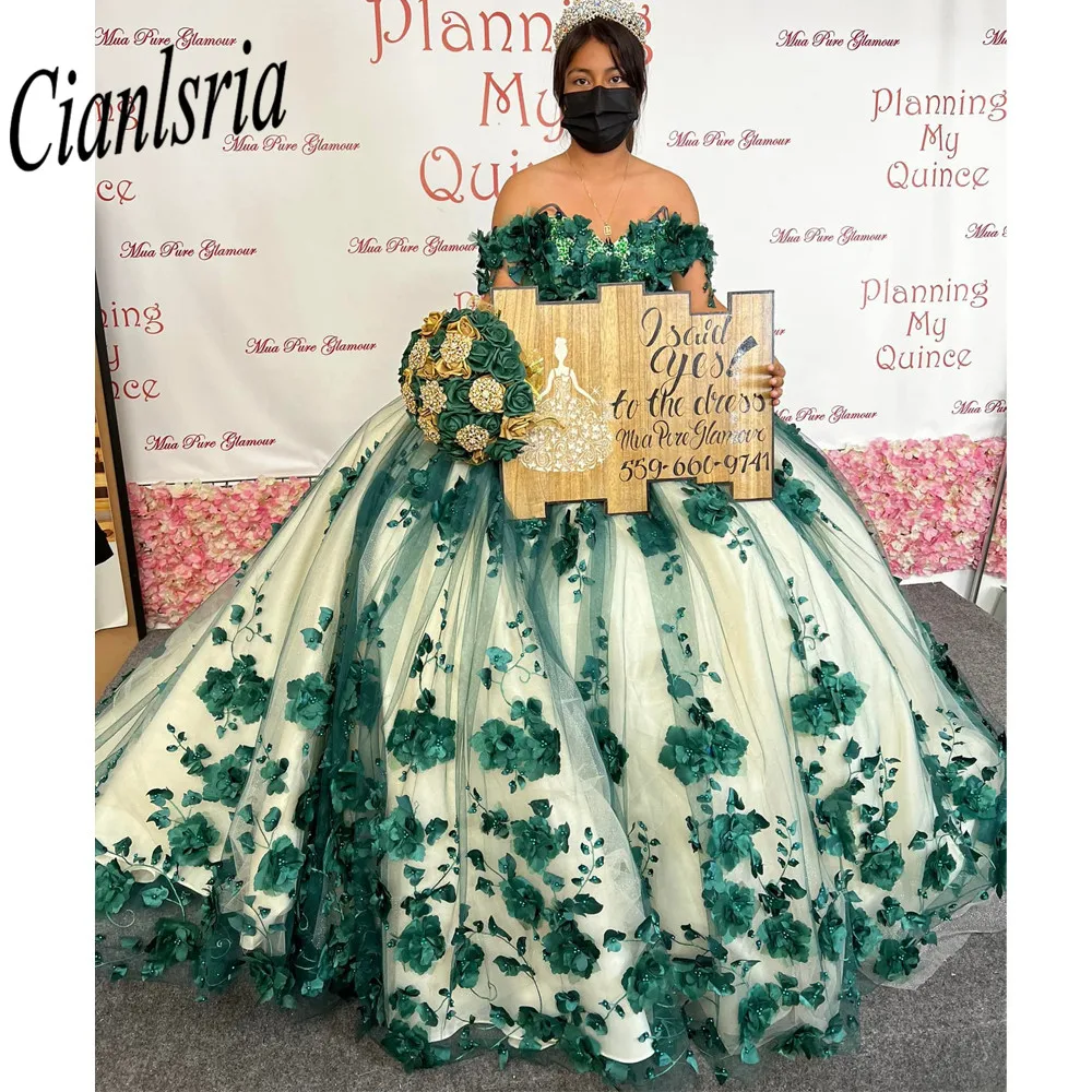 Green Ball Gown Quinceanera Dresses 3D Flowers Beads Lace Applique Sweet 15 16 Dress Party Wear Xv A&ntilde;os