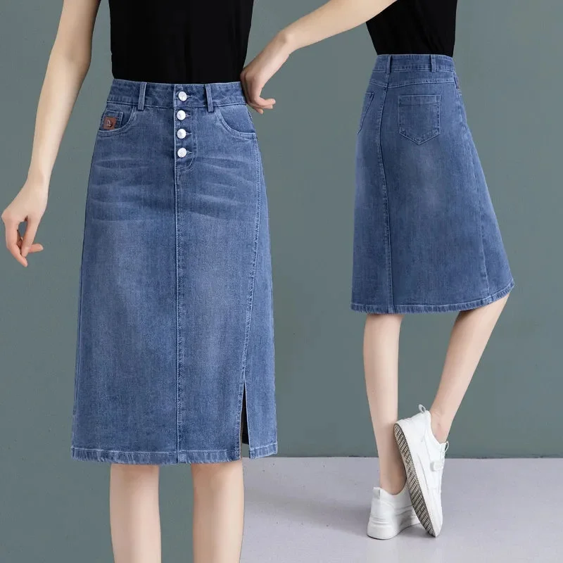

2023 New Women Denim Skirt Spring Summer High-waisted Thin Jeanskirt Female Fashion Package Hip Skirt Split Hem A-line Skirts