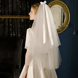 Фата свадебная двухслойная короткая, простая белая Тюлевая, с бантом, для невесты, свадебные аксессуары