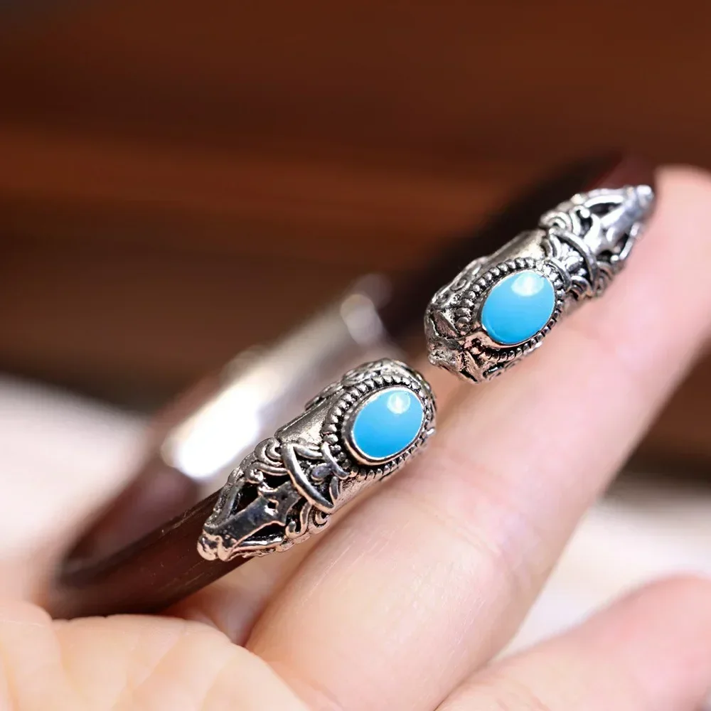 Natural Chicken Blood Vine Adjustable Bangles Vintage Couple Set Cat's Eye Stone Opening Knotless Wooden  Party Jewelry 4