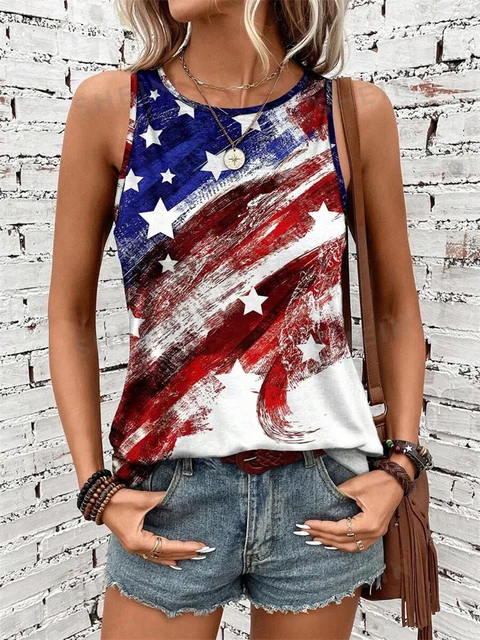 2024 American Flag Print Women S Tank Top Summer Everyday Casual Women S O Neck Tank.jpg