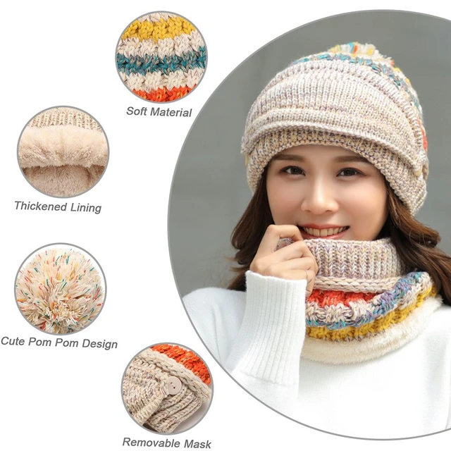 Women Winter Hat Scarf 2 in 1 Fleece Lined Knitted Warm Hats Scarfs Set  with Pompom