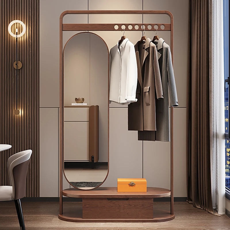 Inside Door Luxury Coat Rack Office Standing Wooden Dressing Mirror
