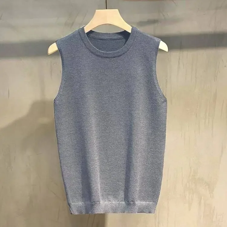 Chaleco de cuello redondo de color sólido para hombre, ropa de negocios, chaleco de cuello redondo, suéteres de punto para hombres, sin mangas, liso, holgado, elegante X