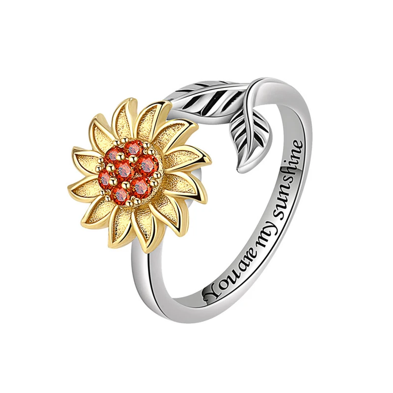 WYEAIIR Rotatable Reduce Pressure Sunflower Gold Art 925 Sterling Silver Resizable Opening Ring For Women Luxury Jewelry 6