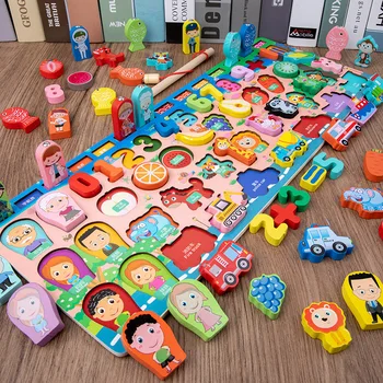 Montessori Wooden Number Puzzle Shape Sorter Counting & Matching Game Magnetic Fishing Game Logarithmic Board Toy for Kids Gifts