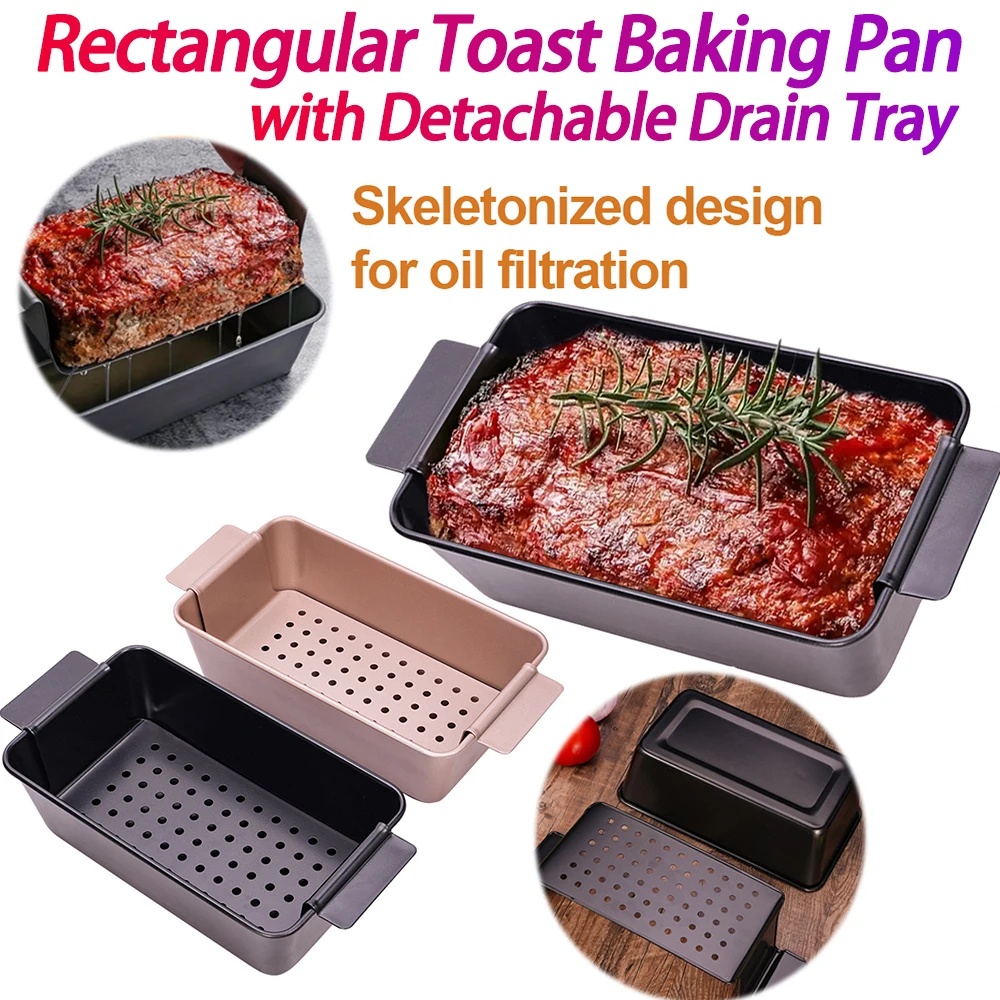 Non Stick Meatloaf Pan W/ Drainage Tray Meat Pie Metal Baking Pan Toast Mold Household Bread Pan for Whole and French Bread