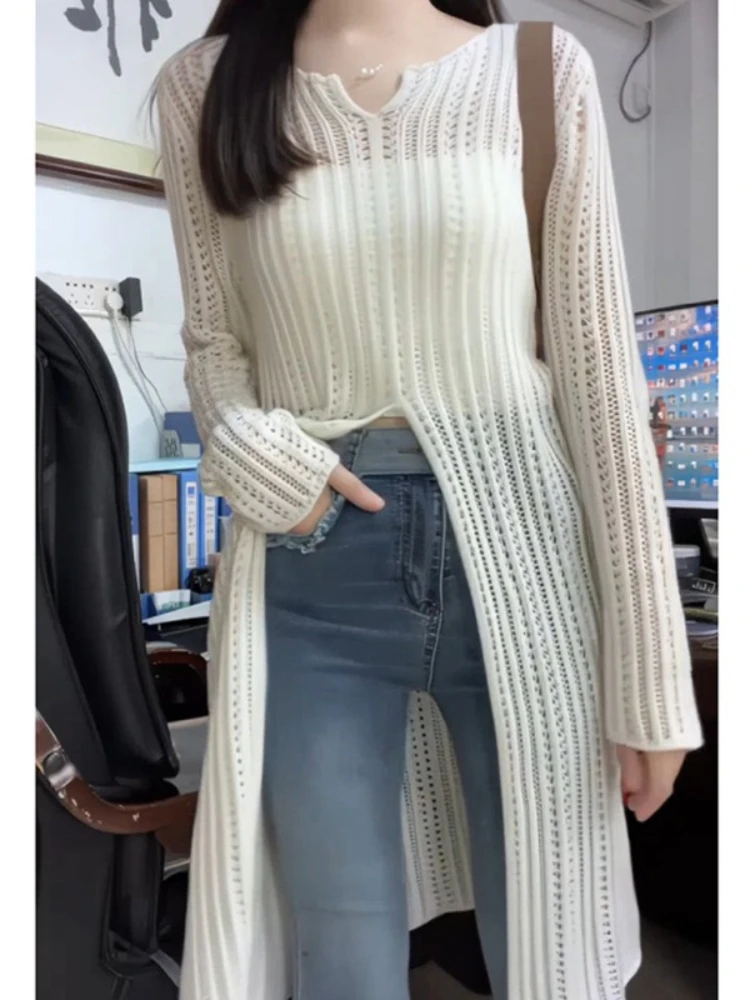 New V-neck Medium and Long Women's Long-sleeved Knitted Sweater Fashionable Hollow Solid Color Knitwear Casual Slim-fit Blouse