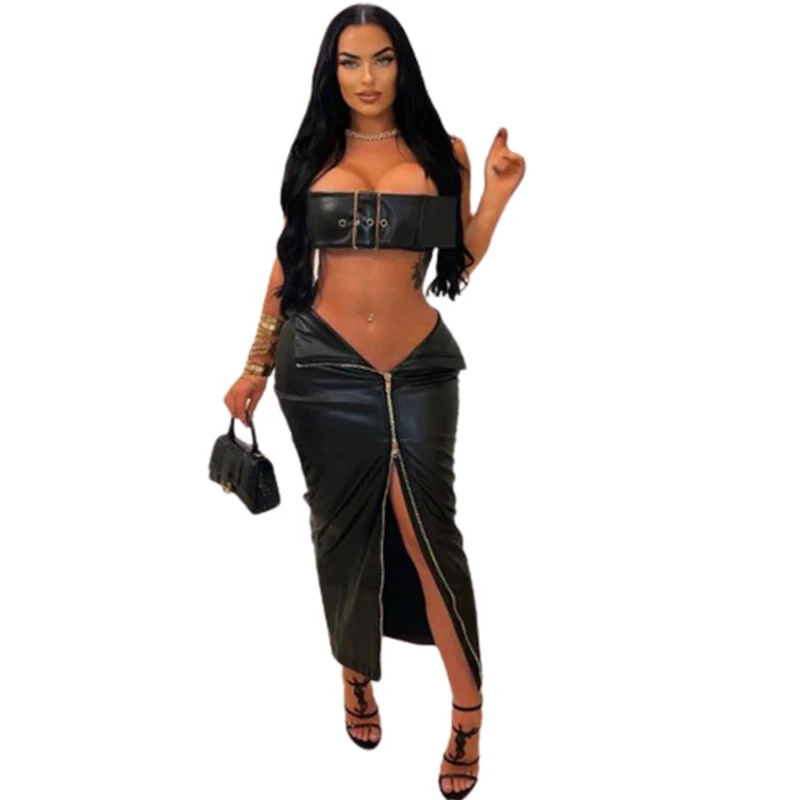 Sexy Separate Two-Piece Suits Women Wrap Hip Pencil Long Skirt Ultra Short Metal Buckle Tops Female Nightclub Patent Leather Set