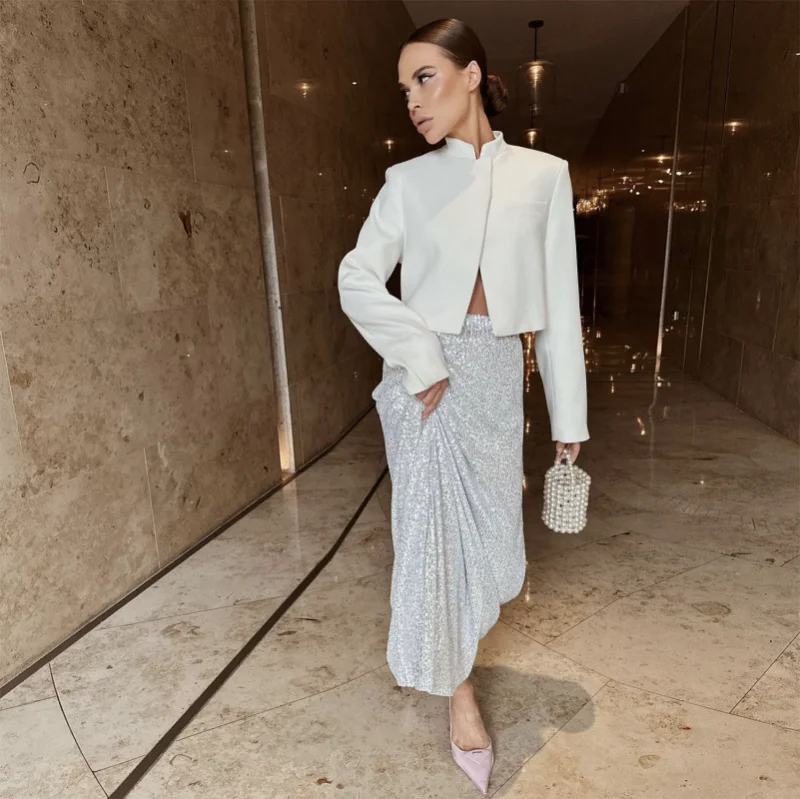 Sequins Loose Dress Sets Women Long Sleeve Crop Tops High Waist Sexy Maxi Skirts Ladies Two Piece Suits Womens Outifits
