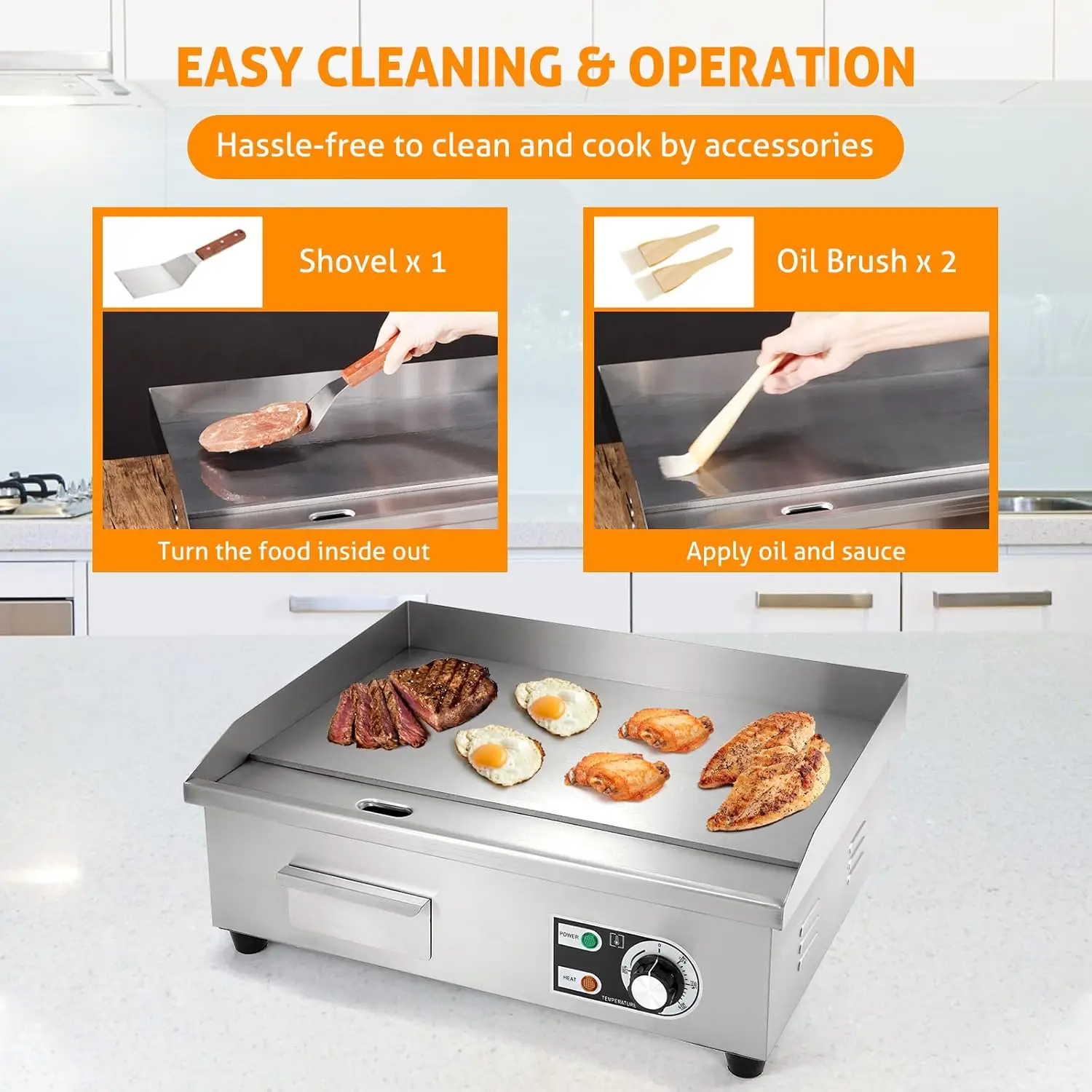 Griddle 22" 3000W Flat Top Grill Countertop Griddle Stainless Steel Teppanyaki Grill w/Iron Cooking Plate for Restaurant Kitchen 5