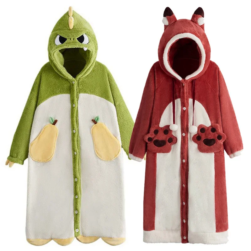 

Winter Thick Warm Women Nightdress Coral Fleece Cartoon Sleepwear Long Sleeves Flannel Nightgown Bathrobes Hooded Plush Homewear