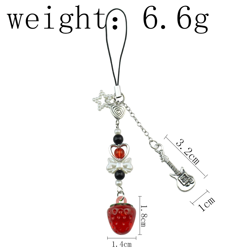 Adorable Strawberry & Cherry Phone Charm with Heart Bow Beads and Guitar Pendant