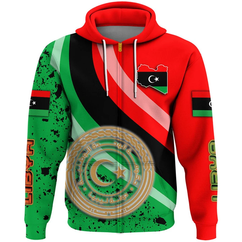 thumbnail image 1 of Sudadera con capucha y cremallera con el emblema nacional de Libia y la bandera de Libia para hombre, ropa informal, sudadera deportiva para niño, 1 of 4