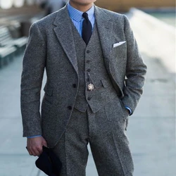2022 Wool Tweed Men's Suits Notched Lapel 3 Piece Groom Tuxedo Winter Male Fashion Suits ( Blazer+Vest+Pants ) Costume Homme