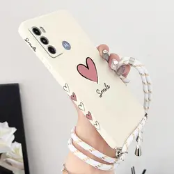 Big Red Heart Lanyard Silicone Phone Case Cover for MOTO G13(G23) (White)