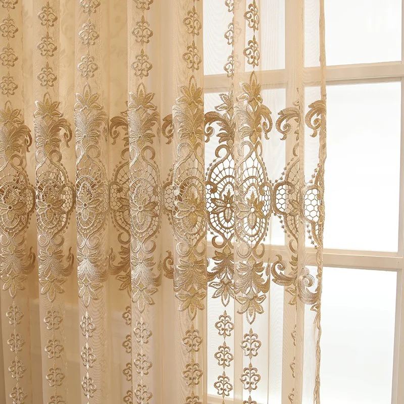 Embroidered Applique Hollowed Out Tulle Curtains for Living Room Bedroom Luxury European Modern Tulle Window Curtain Sheer Tulle