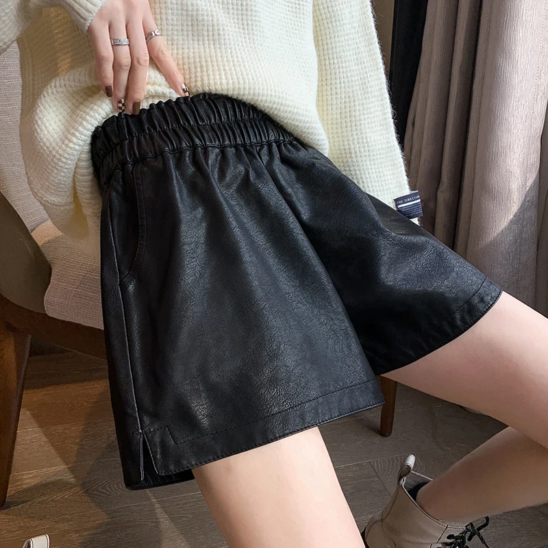 

High Quality 2023 PU Leather Harem Shorts Women Short Pants Brown Winter for Girls Sexy Boot Fashion High Waist Female autumn