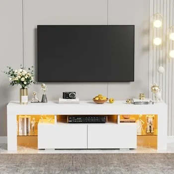 Modern LED TV Stand for Televisions up to 70 Inch with Glass Shelves and Drawer, Gaming Entertainment Center with Multiple 2