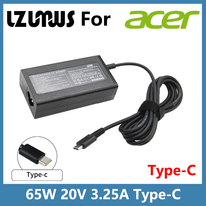 Adattatore Per Laptop 65W 20V 3.25A Type-C Usb-C Per Acer Chromebook Spin 11 13 R13 15 311 315 Cp311 Cp713 C933 Cb311 Cb314 Cb314