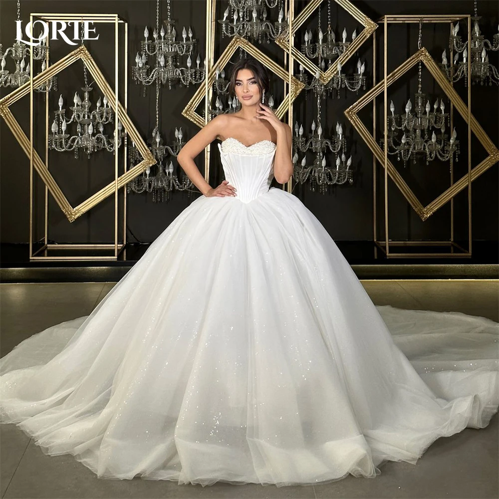 

LORIE Vintage Glitter Wedding Dresses Pearls A-Line Off Shoulder V-Neck Sparkly Bridal Gowns Backless Princess Bride Dress 2024