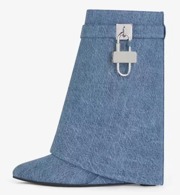 thumbnail image 1 of Botas de tacón alto con cierre de diseñador, botas con cierre de diseñador para mujer, nuevas botas de cuña góticas plegables de invierno con cremallera, botines de diseñador de marca de moda, 1 of 3
