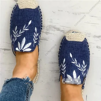 Women’s Slip on Casual Canvas Shoes Ladies Breathable Female Mules Comfort Outdoor Footwear Embroider Hemp Flat Slippers 1