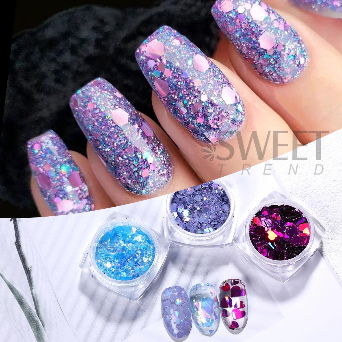 12pcs Elegant Purple Pink Nail Glitter Powder Mixed Sugar Candy Pigment Hexagon Heart Irregular Flake DIY  Manicure Decor Sequin