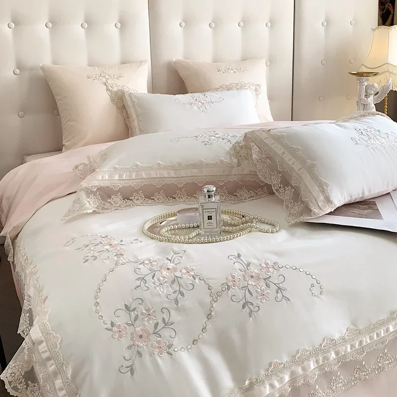 

Romantic French Lace Flowers Embroidery Wedding Bedding Set 1200TC Egyptian Cotton Soft Duvet Cover Set Bed Sheet Pillowcases