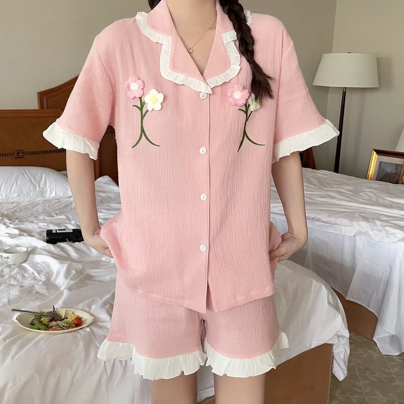 Sleepwear Women's Summer Double Layer Gauze Cardigan Short Sleeved Shorts Home Suit Can Be Worn Externally