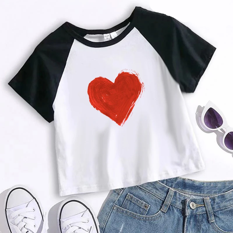 

Y2k летние укороченные топы с рисунком сердца, облегающие милые детские футболки с короткими рукавами, уличная одежда, женская одежда, шикарная Винтажная Футболка