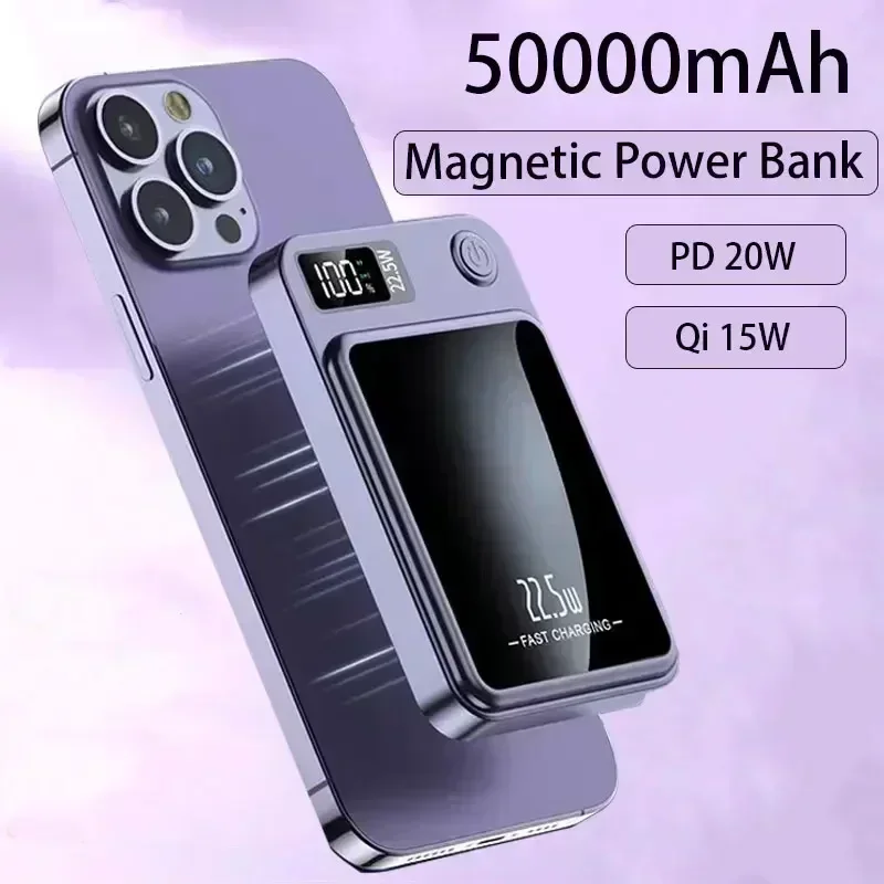 

50000mAh Portable Macsafe Magnetic Power Bank Fast Wireless Charger For iphone 12 13 14 Pro Max External Auxiliary Battery Pack