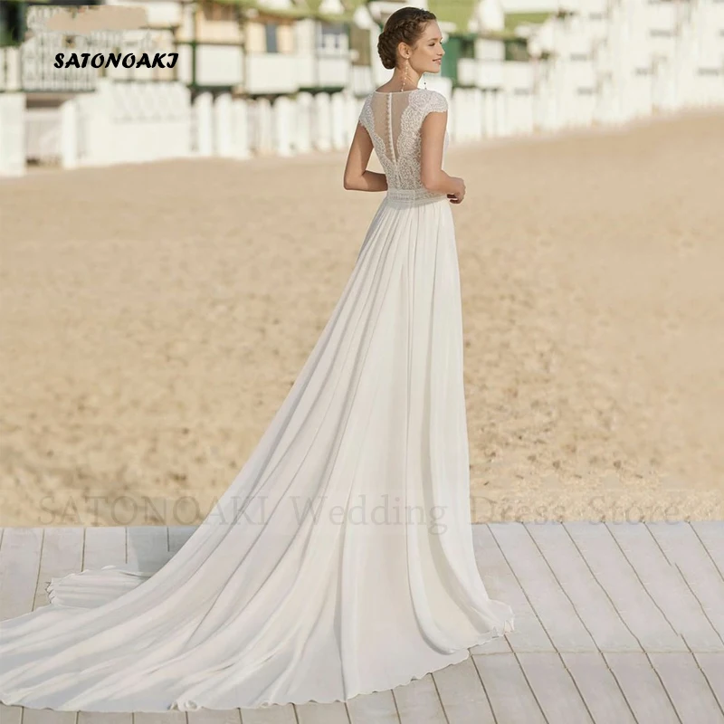 Boho Chiffon Lace Wedding Dress for Women Cap Sleeves A-Line V-Neck Beach Bride Gown Vestidos De Noiva Robe wedding dresses