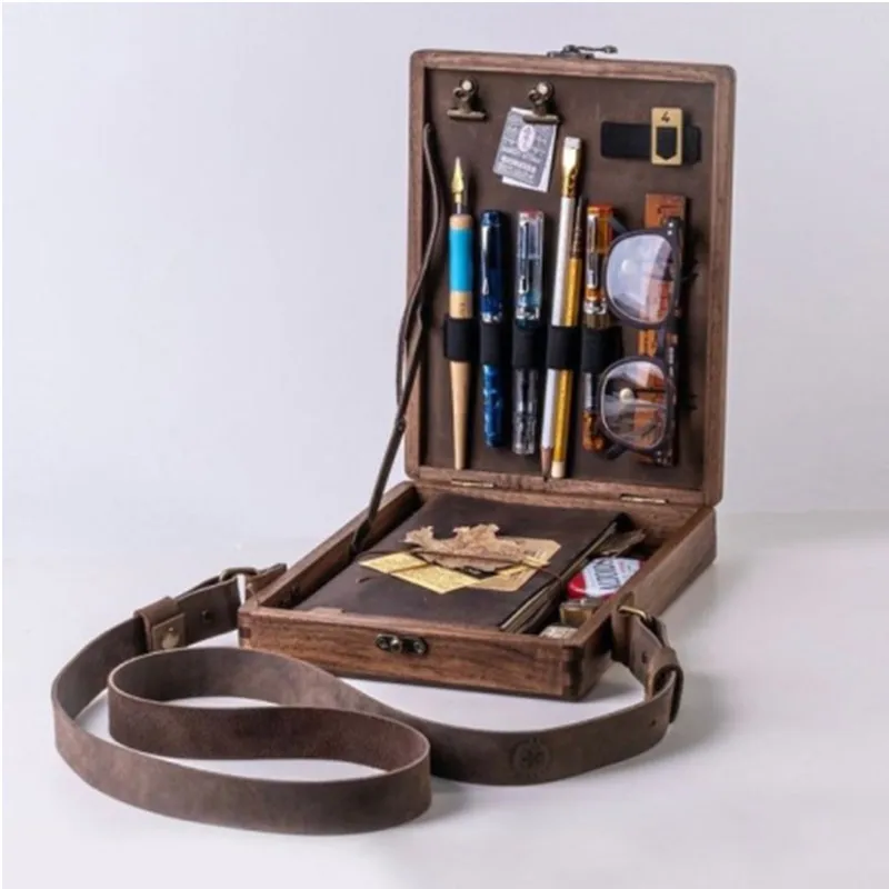 Retro Wooden Art Supplies Storage Box Notebook Pencil Case With Lock  Creative Office Bag Outdoor Painting Backpack Shoulder Bag - AliExpress