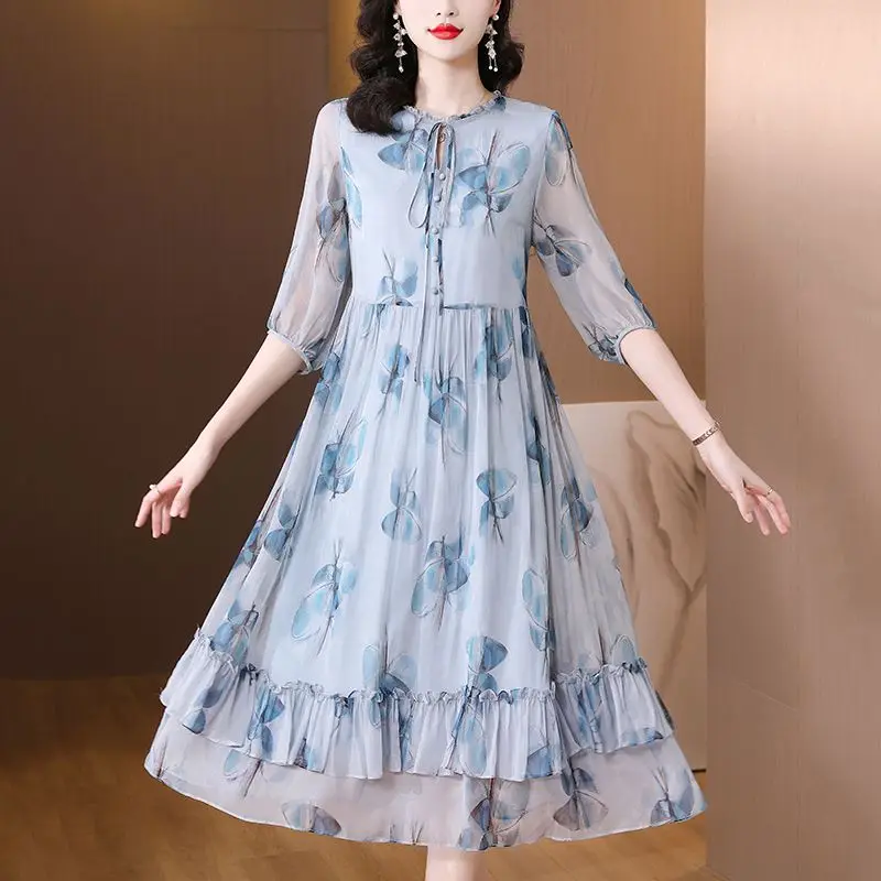 

Summer Luxury Silk Floral Casual Midi Dress 2024 Women's Vintage Elegant Evening Prom Dress Spring Holiday Boho Hepburn Vestidos