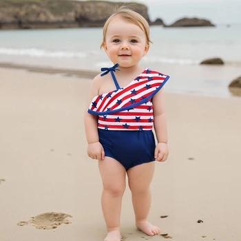 Girls Patriotic Star and Stripe Print Ruffled Tankini Set with Solid Shorts for 4th of July Celebrations - 2-Piece Swimwear 5