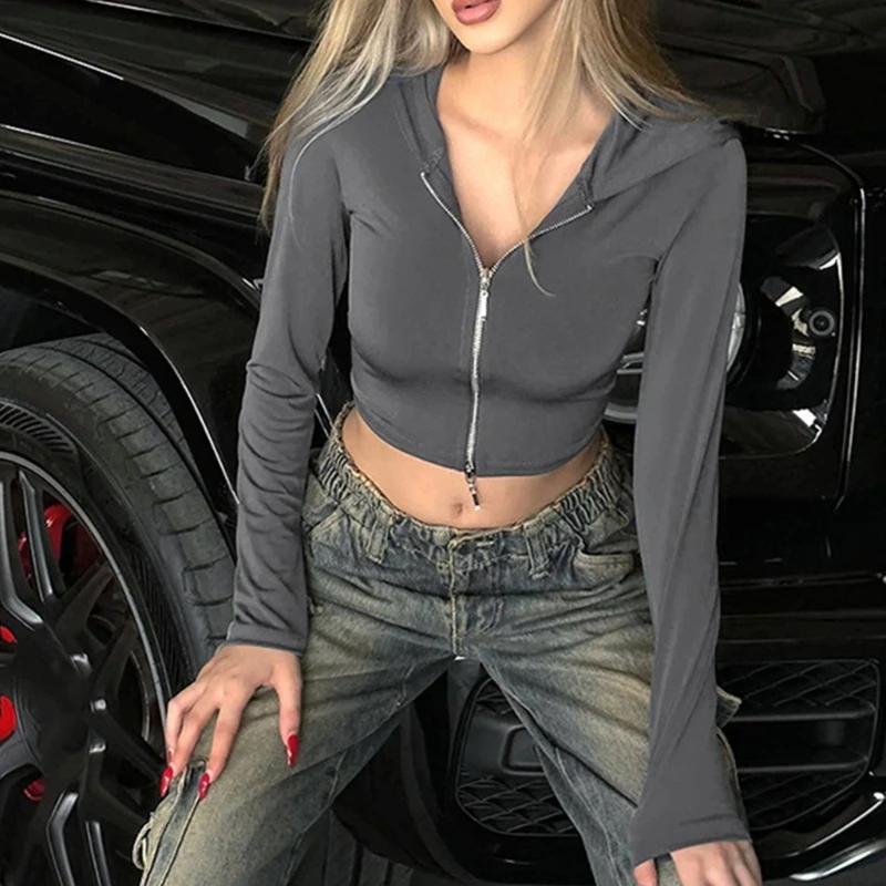 Zipper Cropped Top Women Long Sleeve Crop Tops Zipper