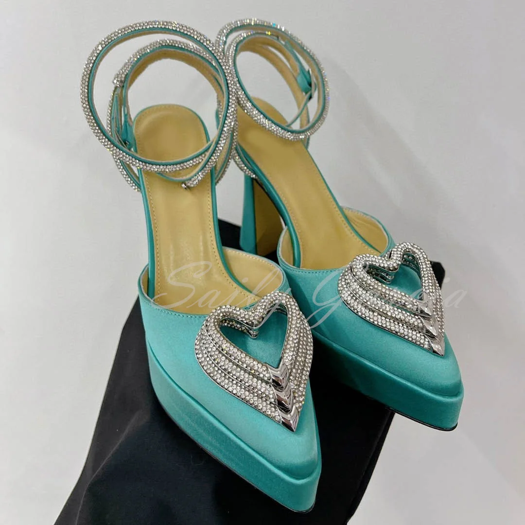 Platform Pointed Toe Hollow Silk High Heel Sandals Women Love Rhinestone Ribbon Square Toe Ankle Strap Wedding Shoes For Ladies
