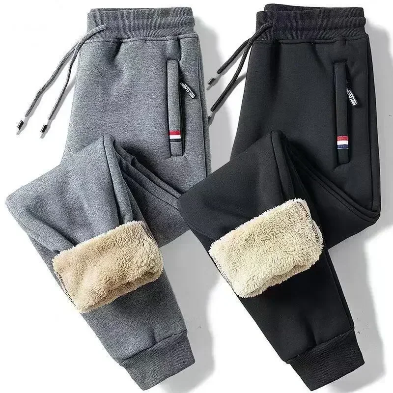 Men's Casual Warm Running Pants Winter Lamb Wool Thickened Windproof Drawstring Fleece