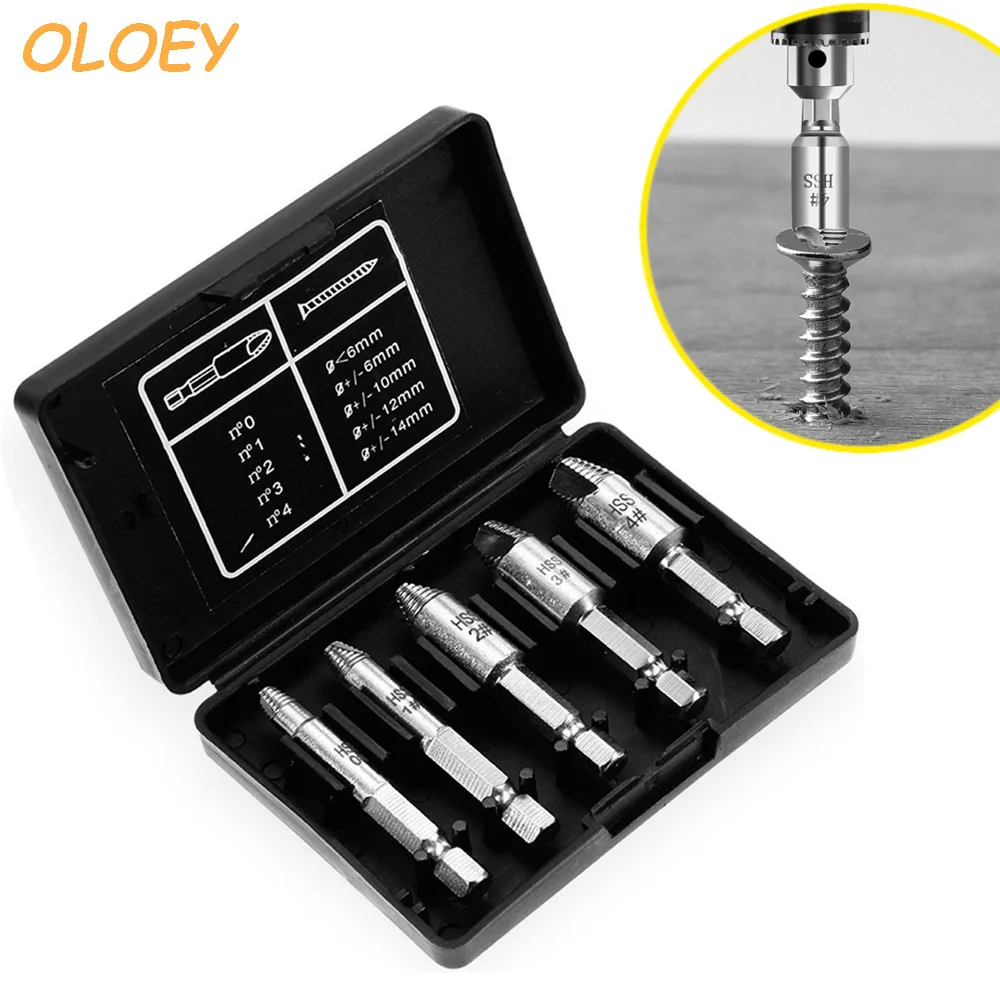 

5Pcs Beschadigd Tapeinduithalerset Boor Set Tools Gestript Gebroken Bout Remover Extractor Gemakkelijk Uit Sloop Gereedschap Kit