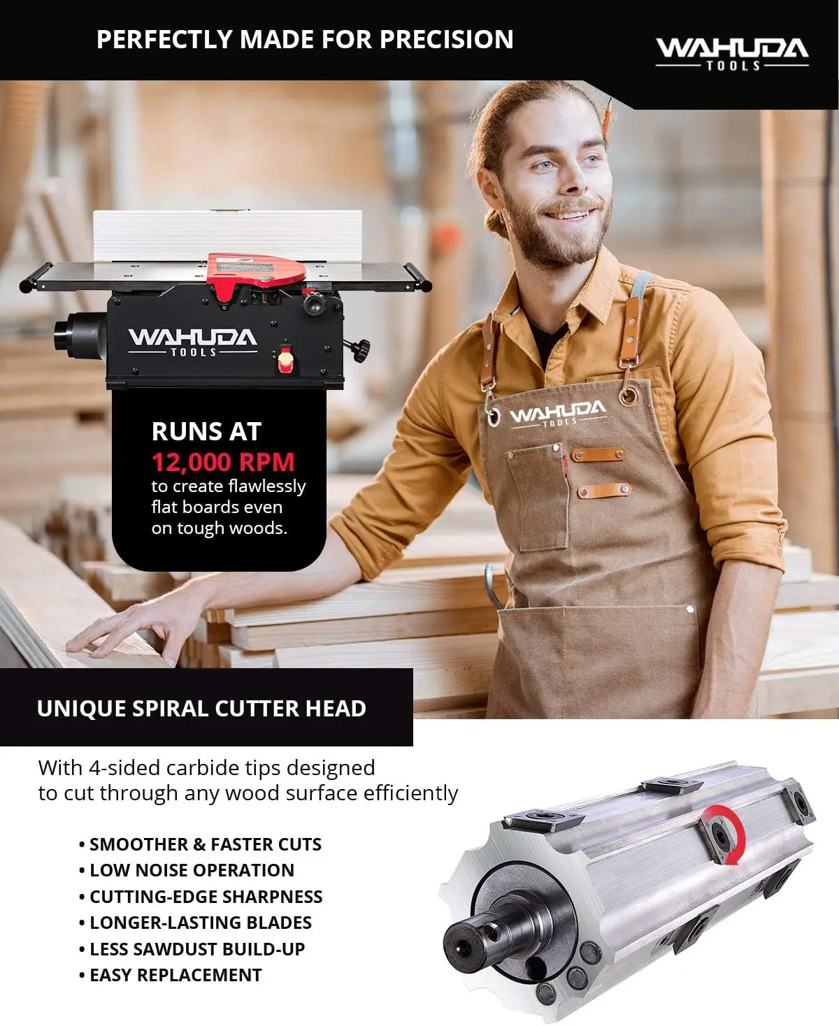 Jointer 10 inch Benchtop Wood Jointer Spiral Cutterhead Portable Cast Iron Tables Pull Out Extensions 4 Sided Carbide