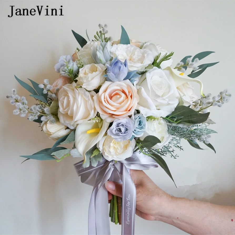

JaneVini 2022 Elegant Blue White Flowers Bridal Bouquets Hydrangea Artificial Silk Roses Boho Fake Wedding Bouquet Accessories