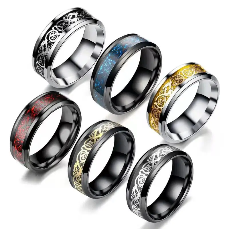 8Mm Fashion Black Tungsteno Wedding Viking Dragon Rings For Men Anello In Fibra Di Carbonio Blu Intarsiato In Acciaio Inossidabile Anillo Hombre