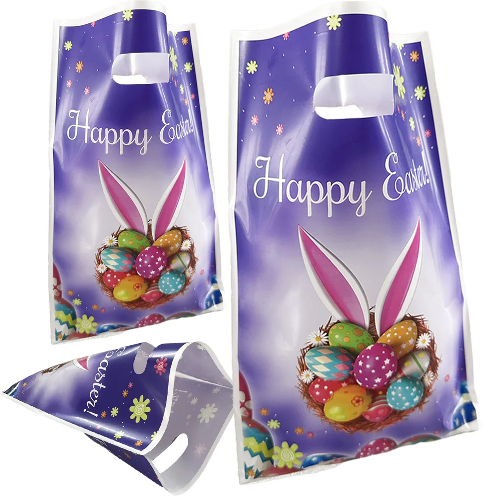 

40Pcs 2024 Easter Tote Goodie Treat Bags plastics Reusable Grocery Bags and Basket with Handles Easter Egg Hunt Party Favors