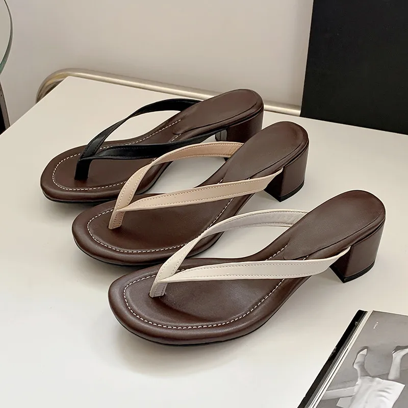 

MKKHOU Fashion Sandals Women New High Quality Real Leather Simple Pinch Toe Herringbone Slippers Daily Casual High Heel Slippers