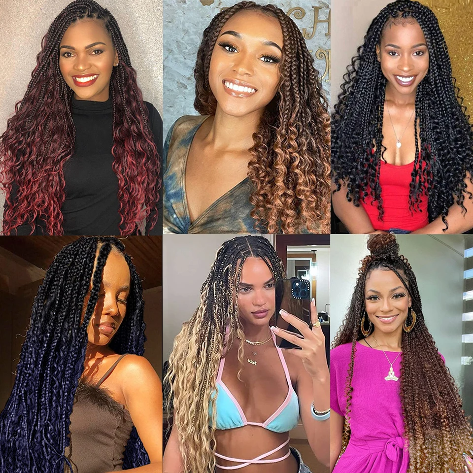 18" Box Braids Crochet Hair with Curly Ends 1B 30 27 350 613 Blue Pink Colors Bohemian Synthetic Braids Goddess Box Hair