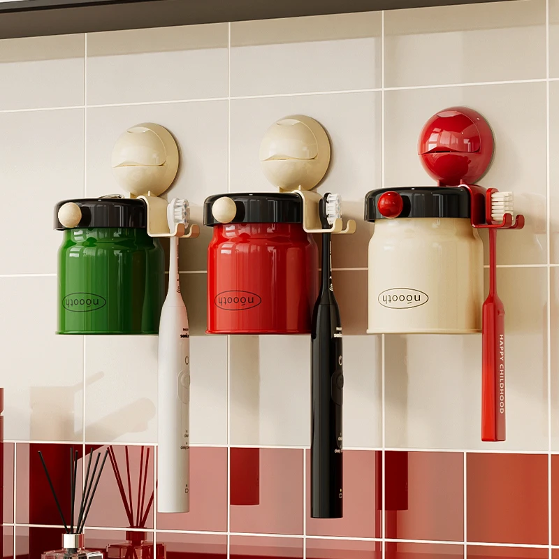 Suction Cup Toothbrush Holder No Punching And No Glue Teeth Cup Storage Bathroom Supplies Magnetic Mouthwash Holder