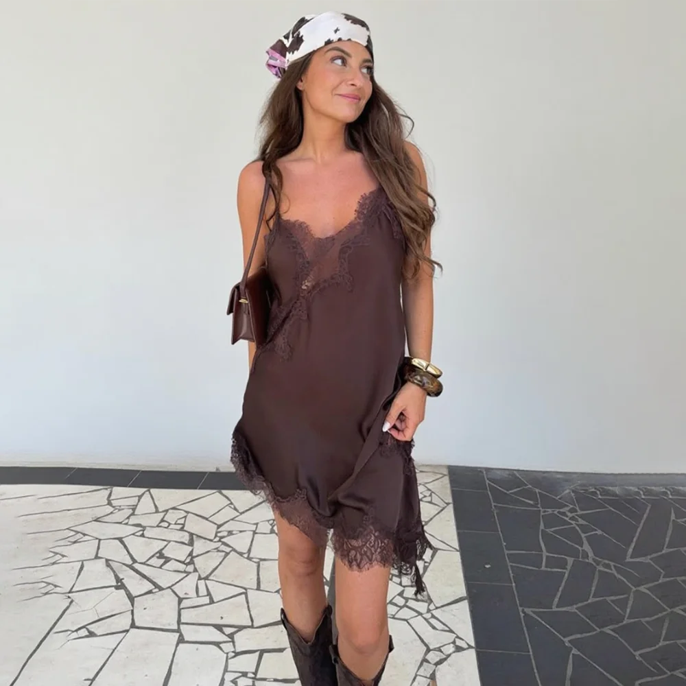 Robe dentelle femme spaghetti sans manches sexy été fête